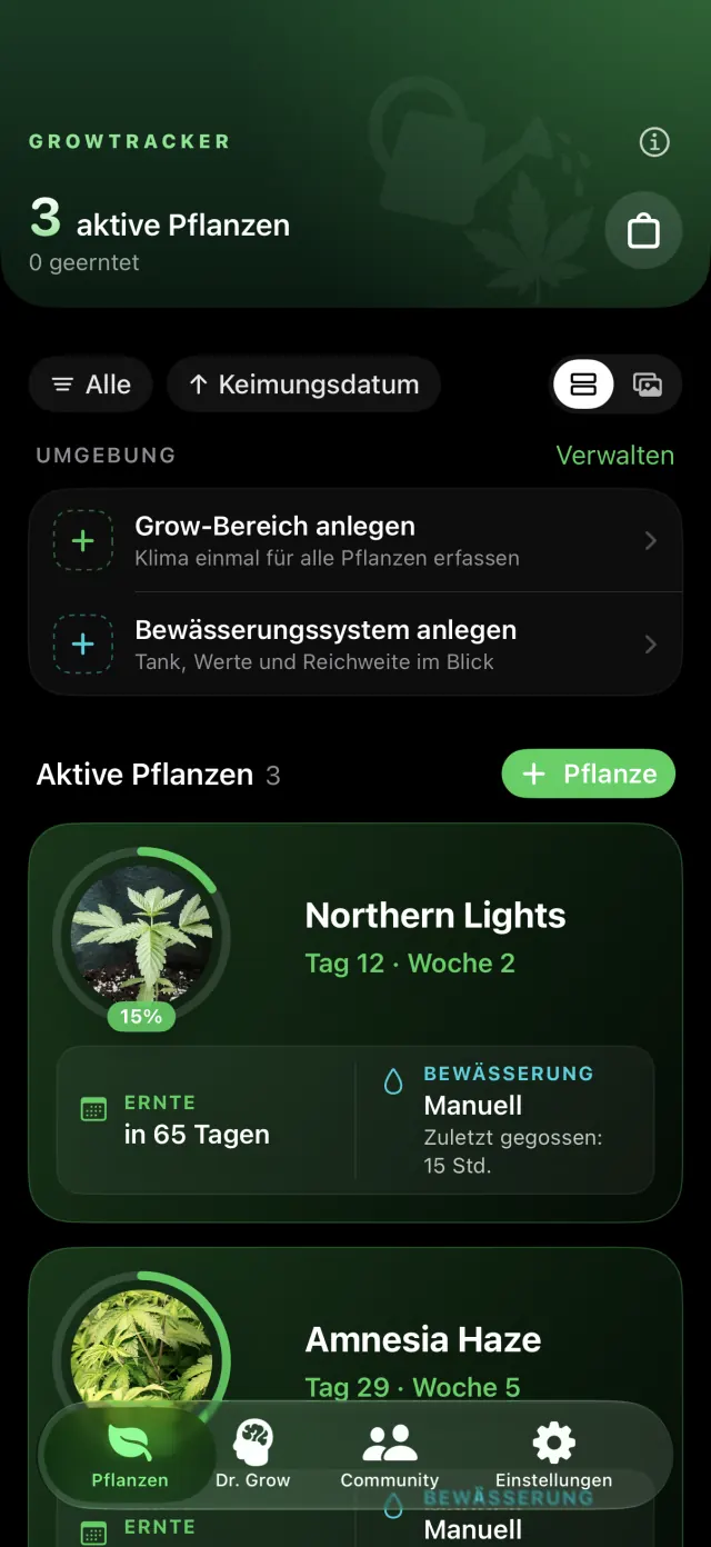 App-Bild auf einem iPhone 17 Pro: Startseite mit drei Pflanzen, je mit Foto, Tag, Woche, Fortschritt bis zur Ernte und Bewässerung